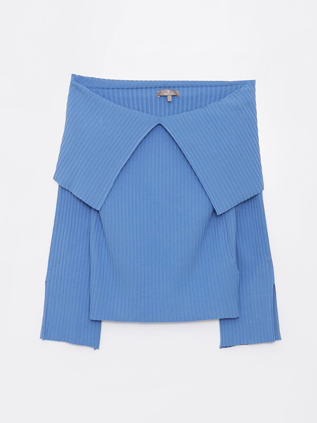 Mavi Kayık Yaka Düz Uzun Kollu Kadın Triko Kazak-5