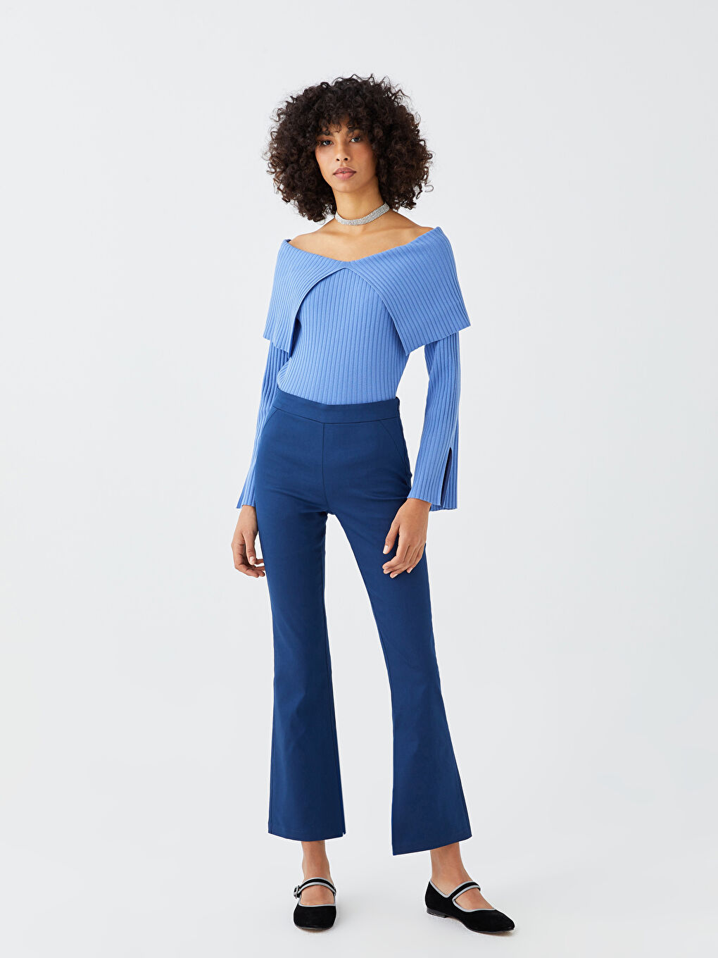 Mavi Kayık Yaka Düz Uzun Kollu Kadın Triko Kazak-2