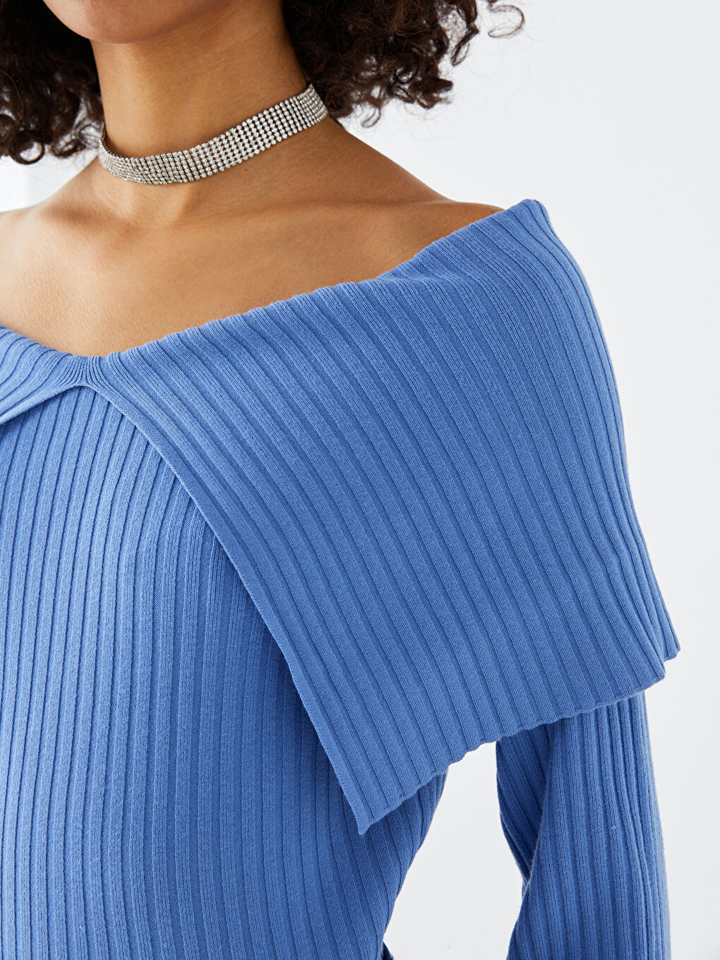 Mavi Kayık Yaka Düz Uzun Kollu Kadın Triko Kazak-3