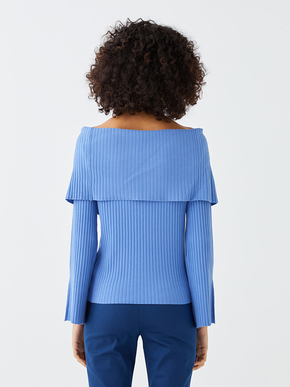 Mavi Kayık Yaka Düz Uzun Kollu Kadın Triko Kazak-4