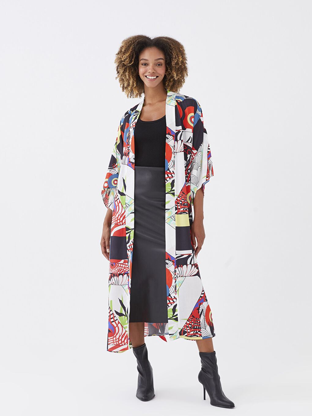Karışık Şal Yaka Desenli Kadın Kimono-1