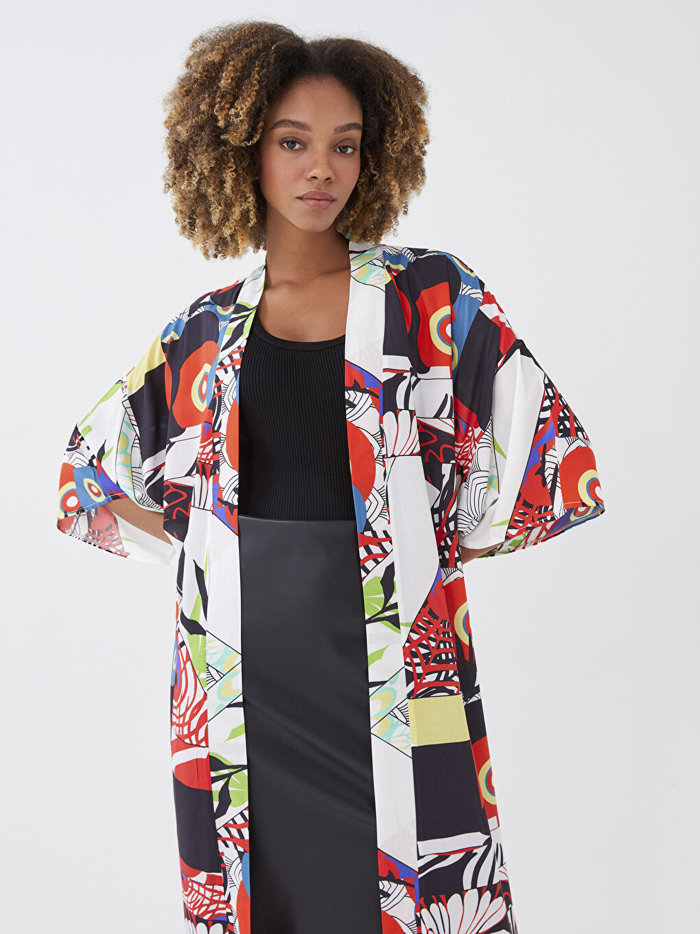 Karışık Şal Yaka Desenli Kadın Kimono-3