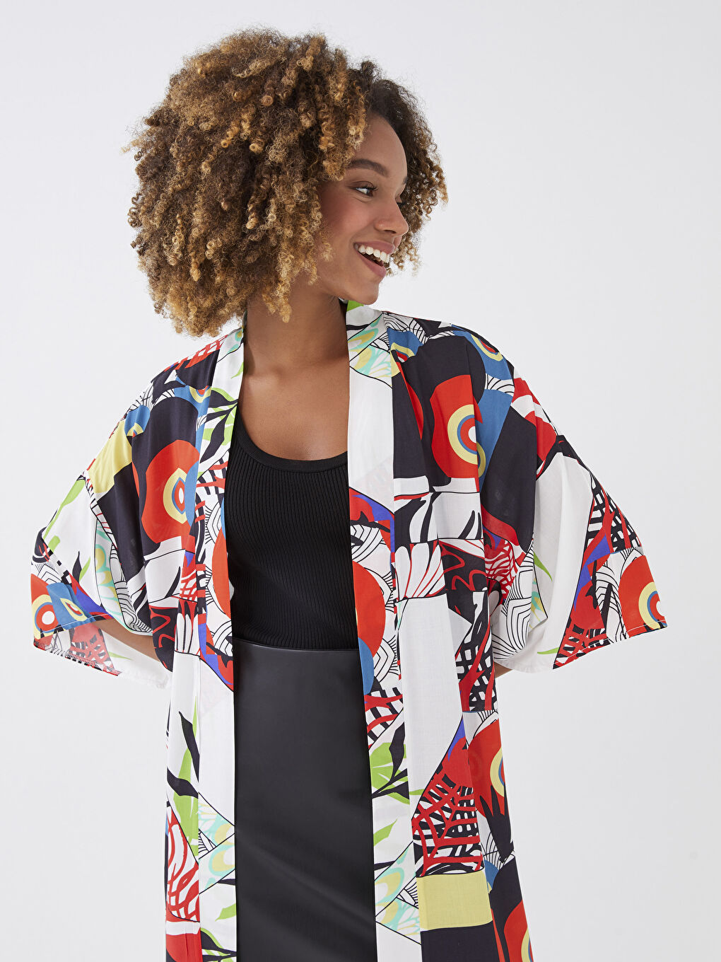 Karışık Şal Yaka Desenli Kadın Kimono-4