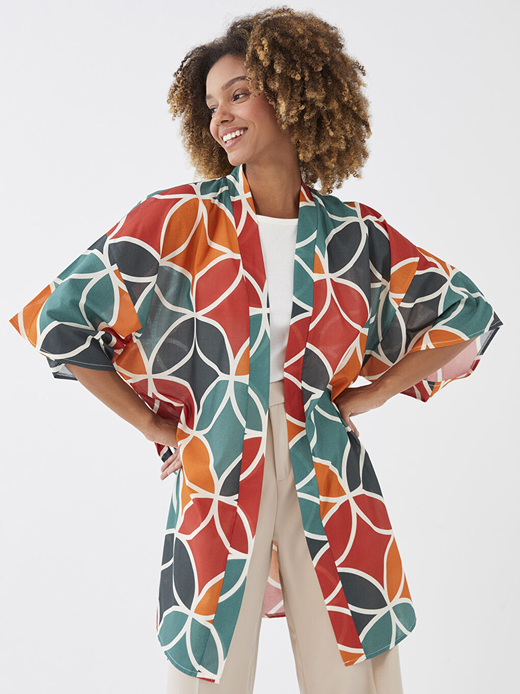 Karışık Şal Yaka Desenli Kadın Kimono