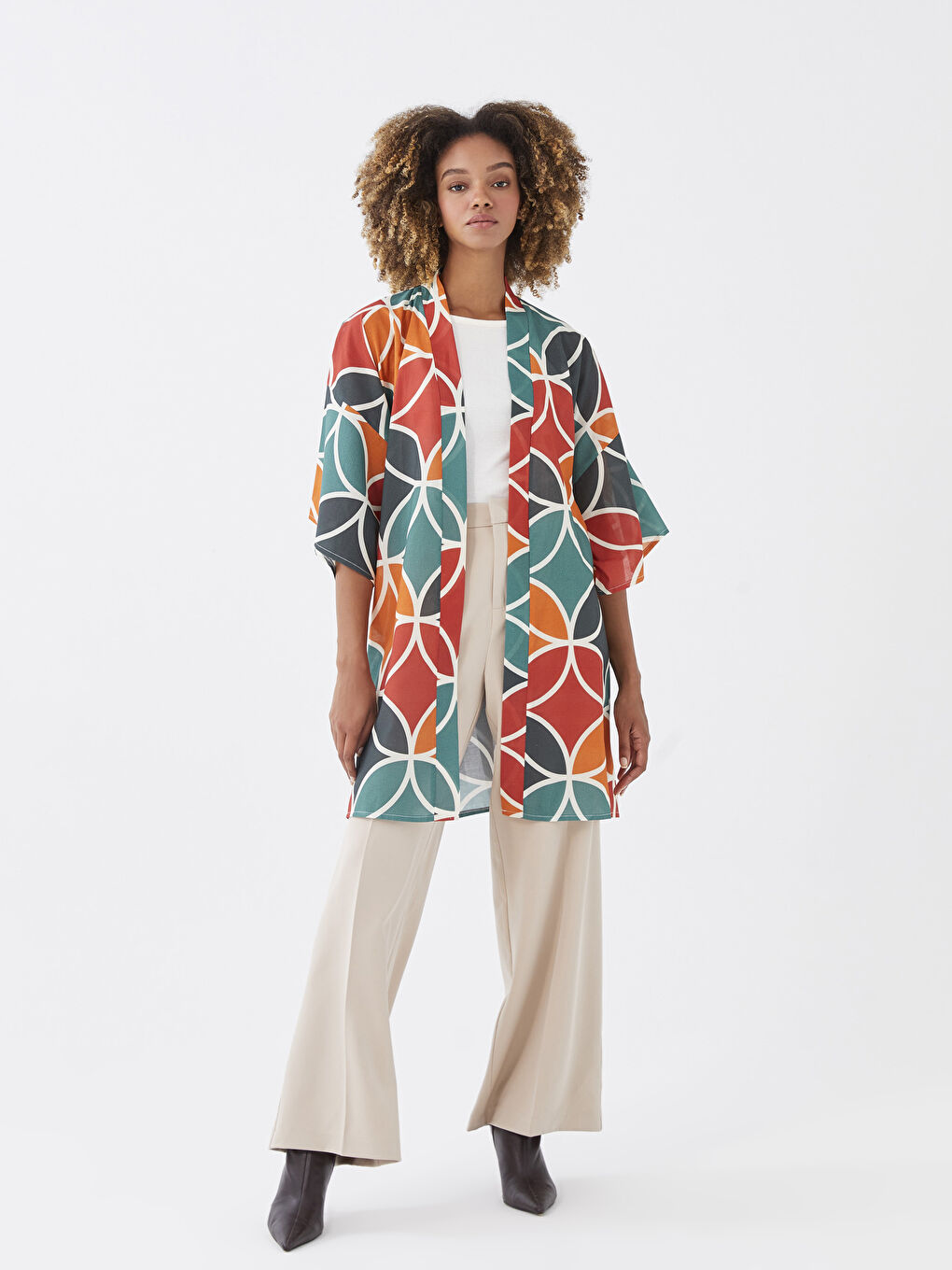 Karışık Şal Yaka Desenli Kadın Kimono-1