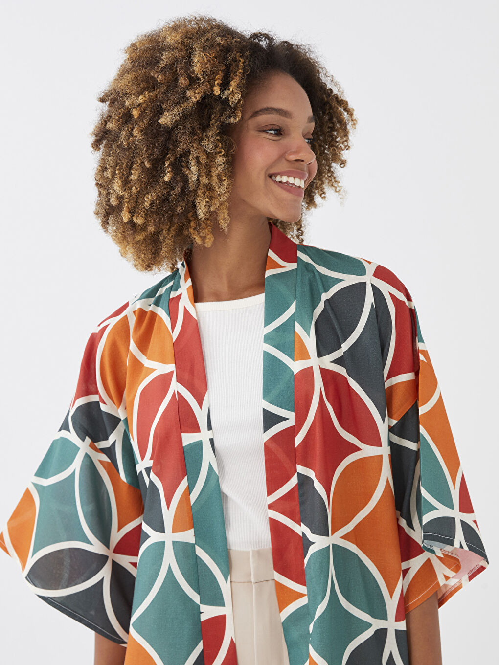 Karışık Şal Yaka Desenli Kadın Kimono-5