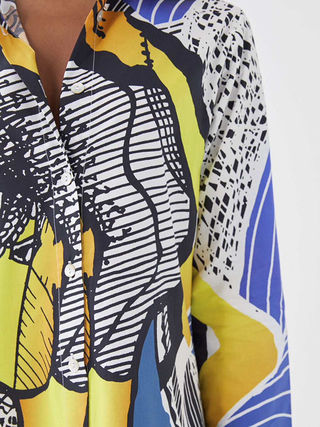 Mavi Gömlek Yaka Desenli Uzun Kollu Kadın Elbise-2