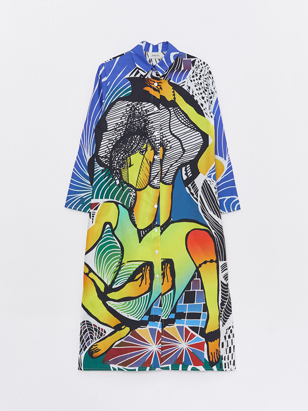 Mavi Gömlek Yaka Desenli Uzun Kollu Kadın Elbise-4