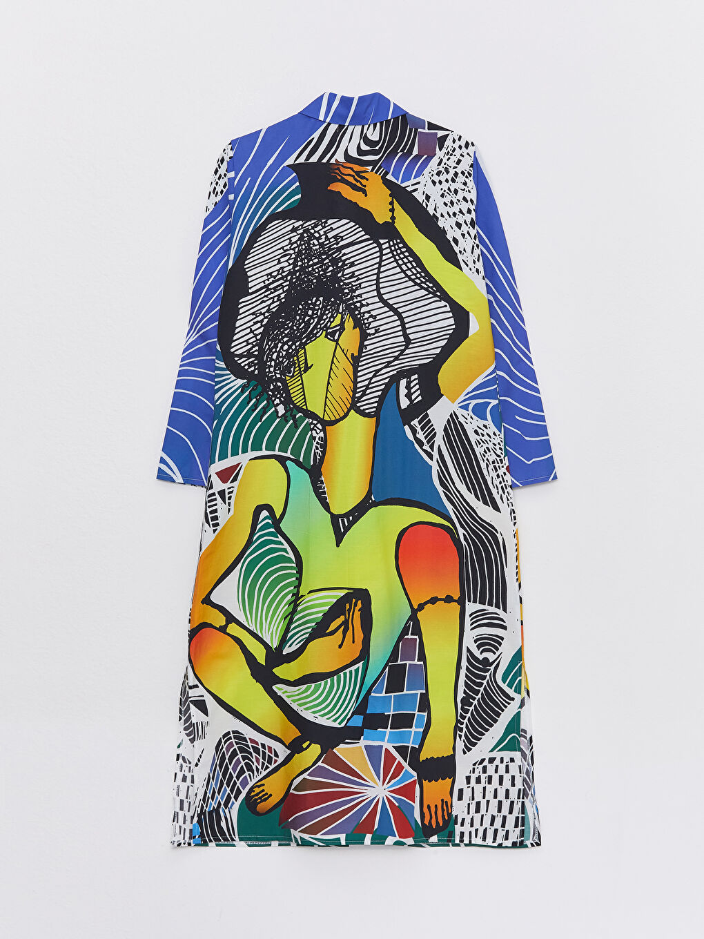 Mavi Gömlek Yaka Desenli Uzun Kollu Kadın Elbise-5