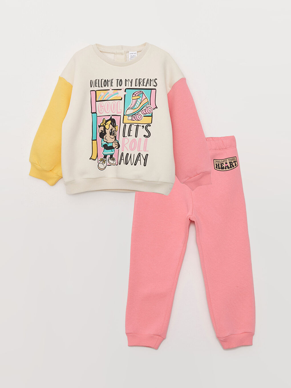 Bej Bisiklet Yaka Uzun Kollu Nostaljik Maymun Baskılı Kız Bebek Sweatshirt ve Eşofman Alt 2'li Takım-3