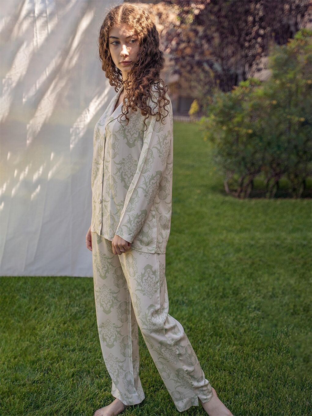 Sarı Ceket Yaka Desenli Uzun Kollu Viskon Kadın Pijama Takımı