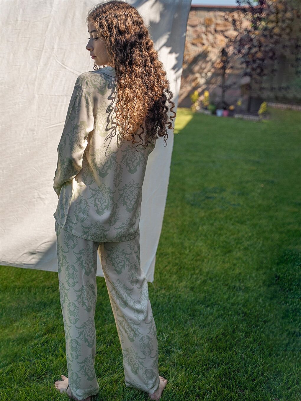 Sarı Ceket Yaka Desenli Uzun Kollu Viskon Kadın Pijama Takımı-2