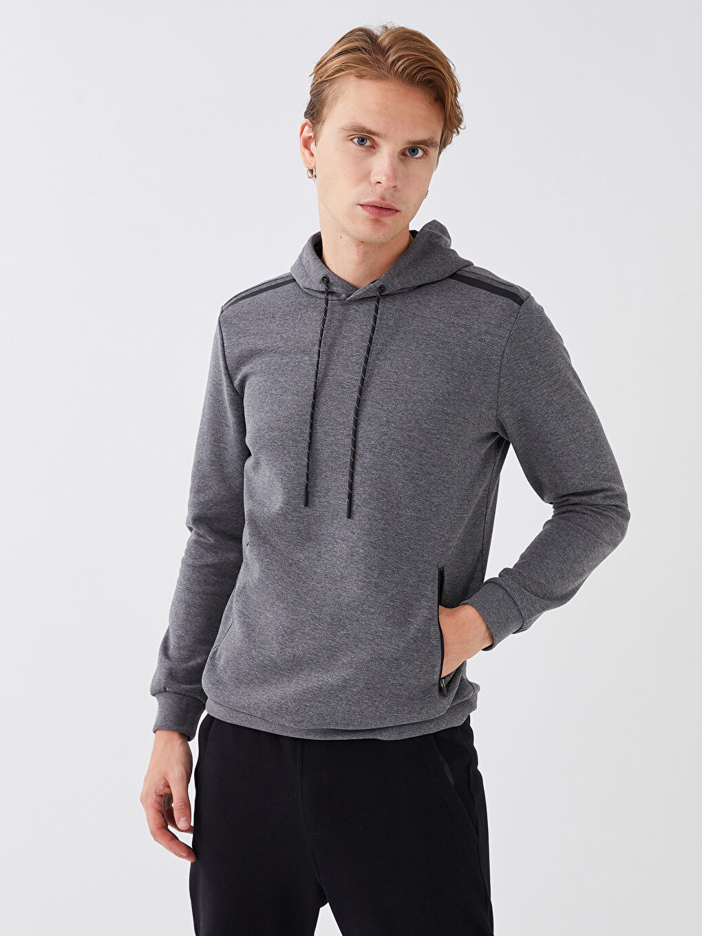 Gri Uzun Kollu Erkek Spor Hoodie-1