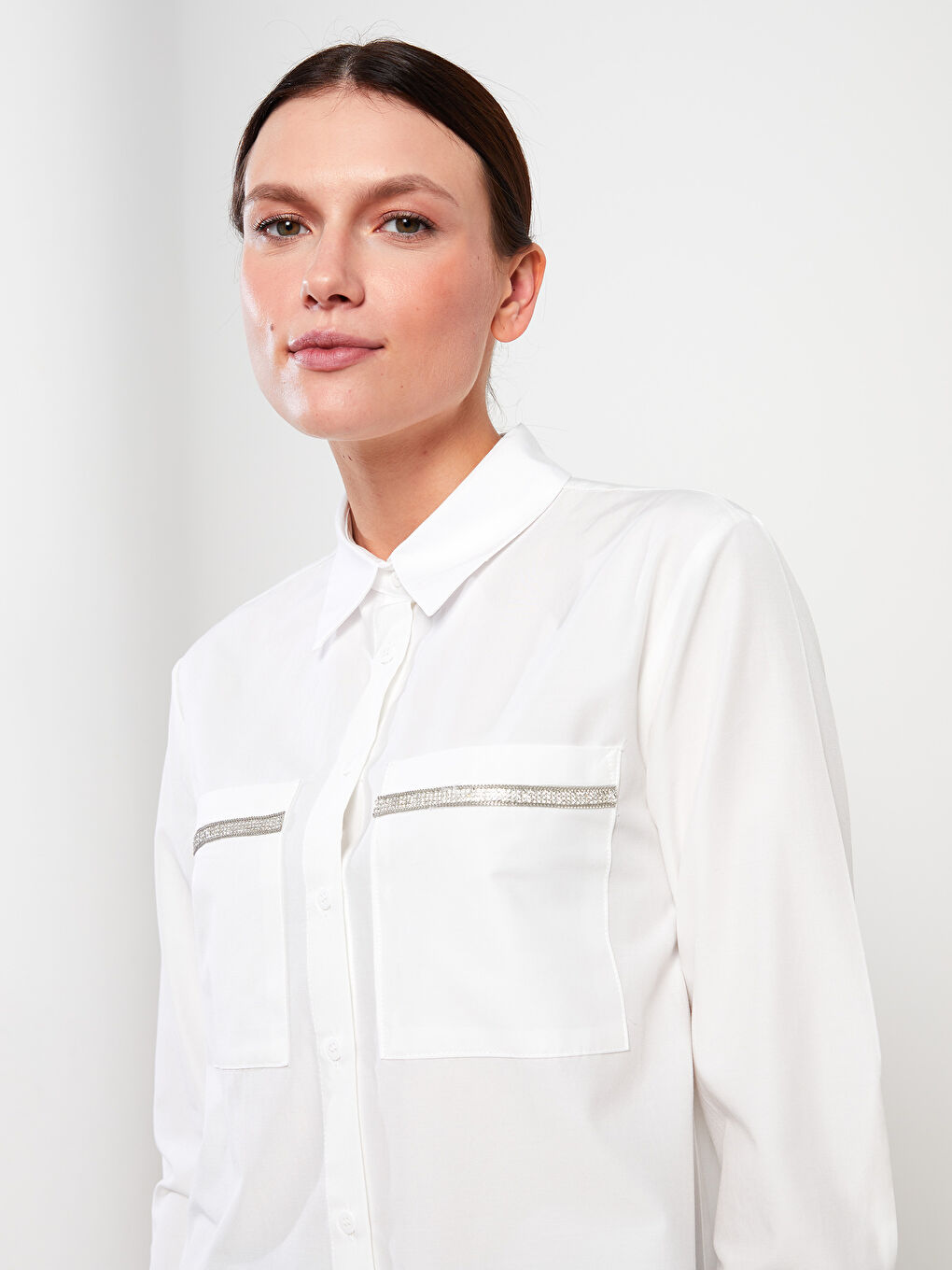 Ekru Düz Uzun Kollu Kadın Gömlek Tunik-1