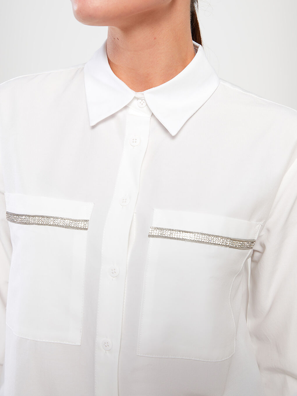 Ekru Düz Uzun Kollu Kadın Gömlek Tunik-5