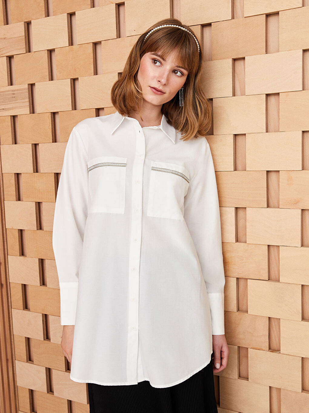 Ekru Düz Uzun Kollu Kadın Gömlek Tunik-2