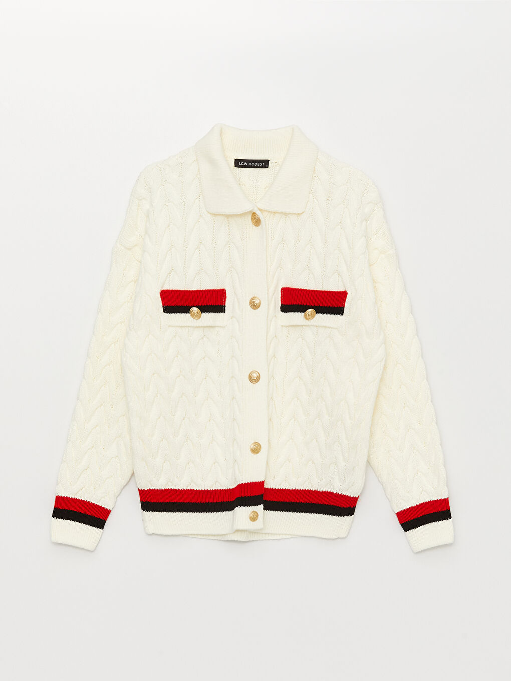 Ekru Polo Yaka Kendinden Desenli Kadın Triko Hırka-3