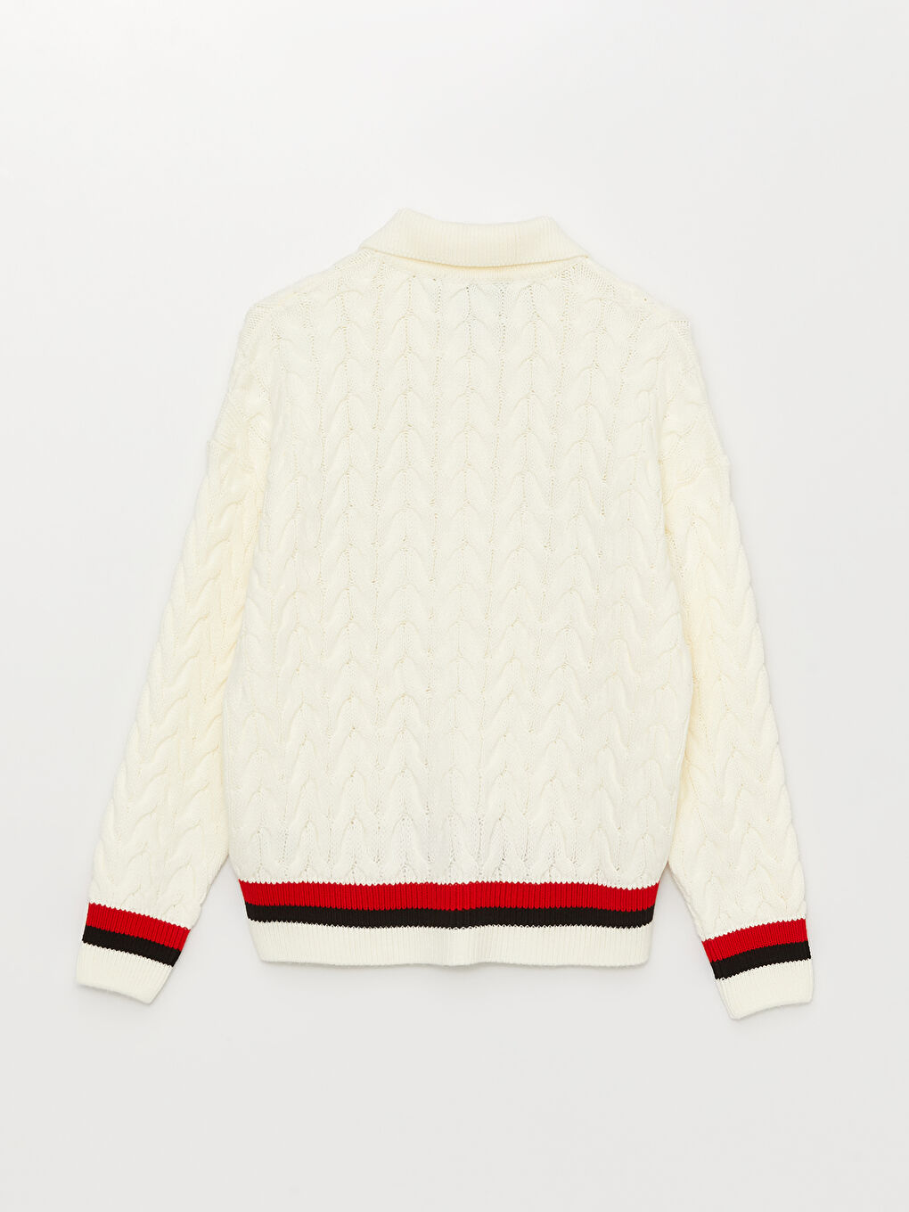 Ekru Polo Yaka Kendinden Desenli Kadın Triko Hırka-4