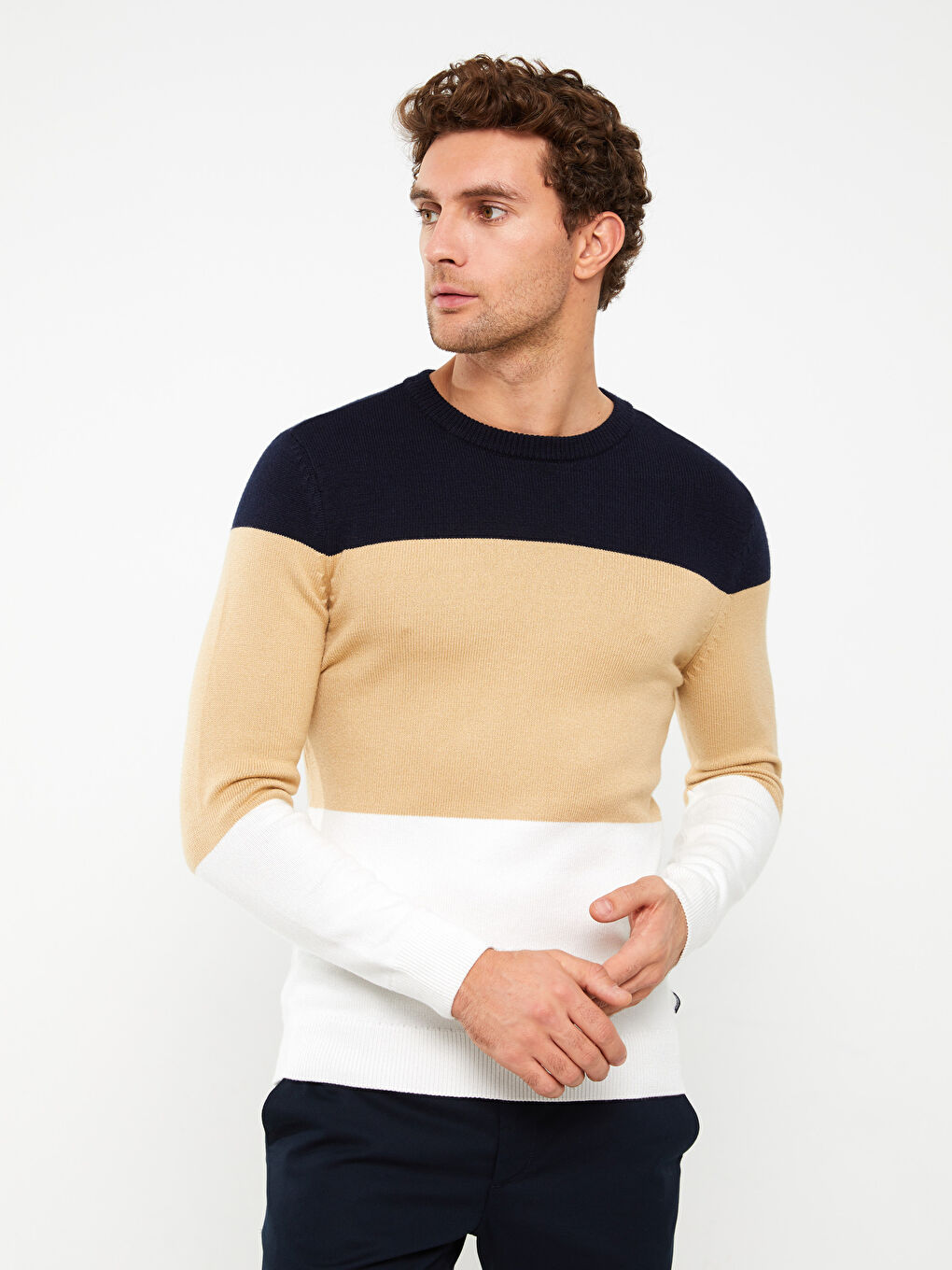 Karışık Bisiklet Yaka Uzun Kollu Renk Bloklu Erkek Triko Kazak-1