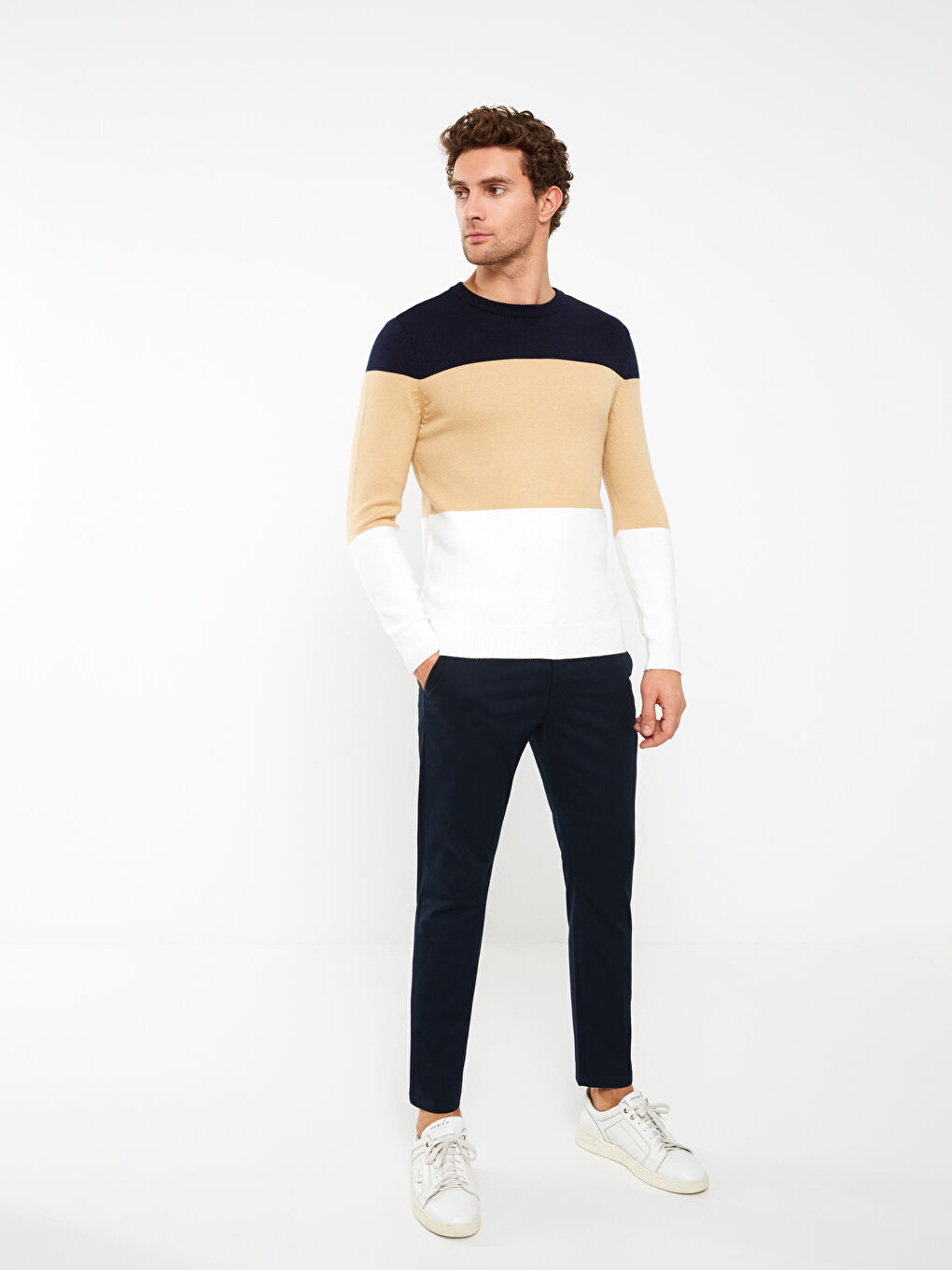 Karışık Bisiklet Yaka Uzun Kollu Renk Bloklu Erkek Triko Kazak-2