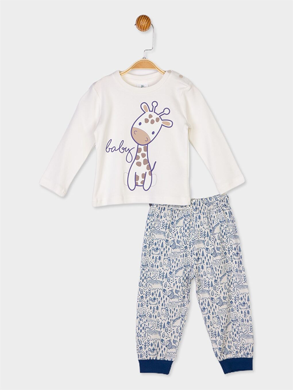 Ekru Bisiklet Yaka Uzun Kollu Erkek Bebek Pijama Takımı