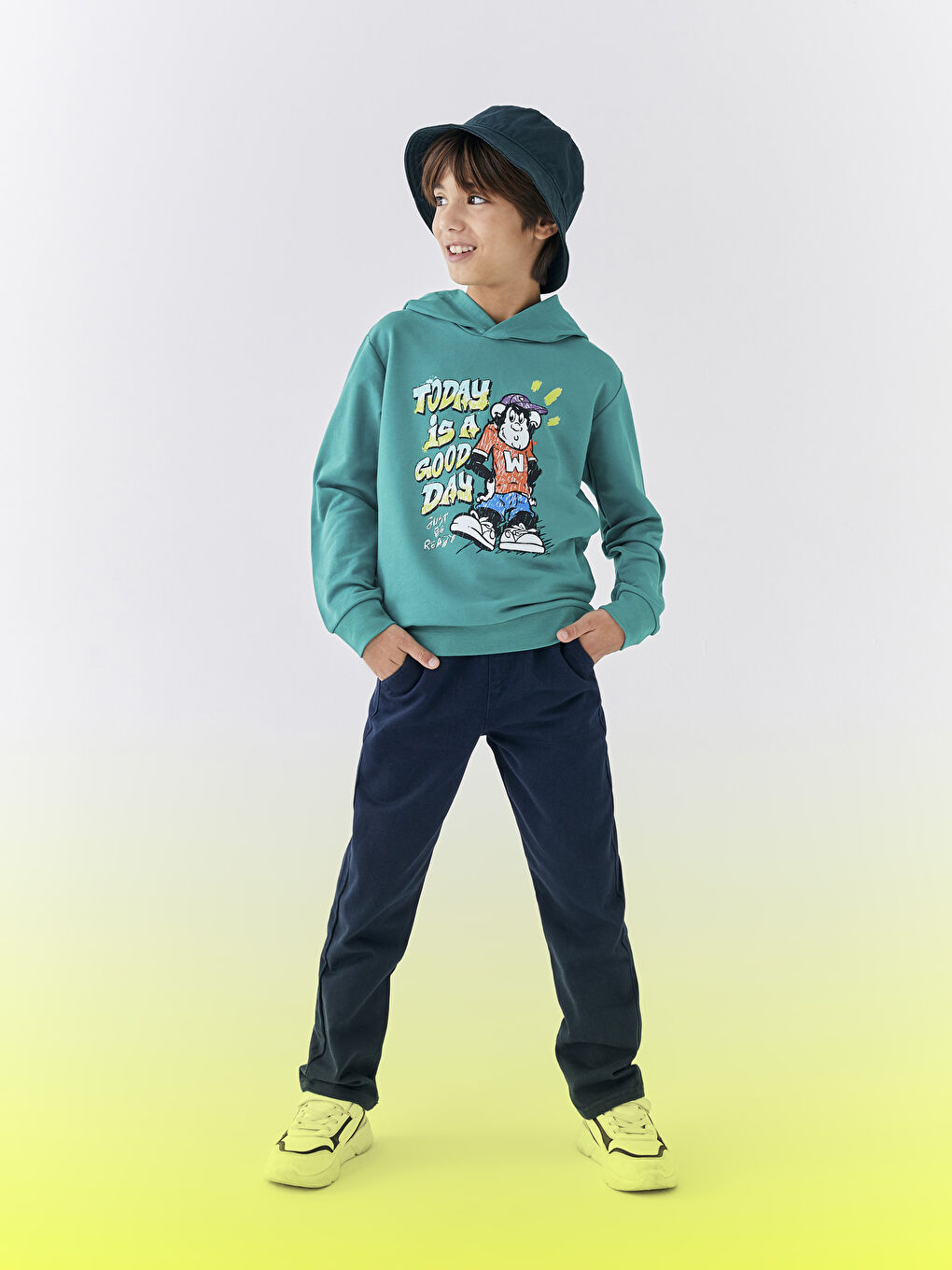 Turkuaz Kapüşonlu Nostaljik Maymun Baskılı Uzun Kollu Erkek Çocuk Sweatshirt-2