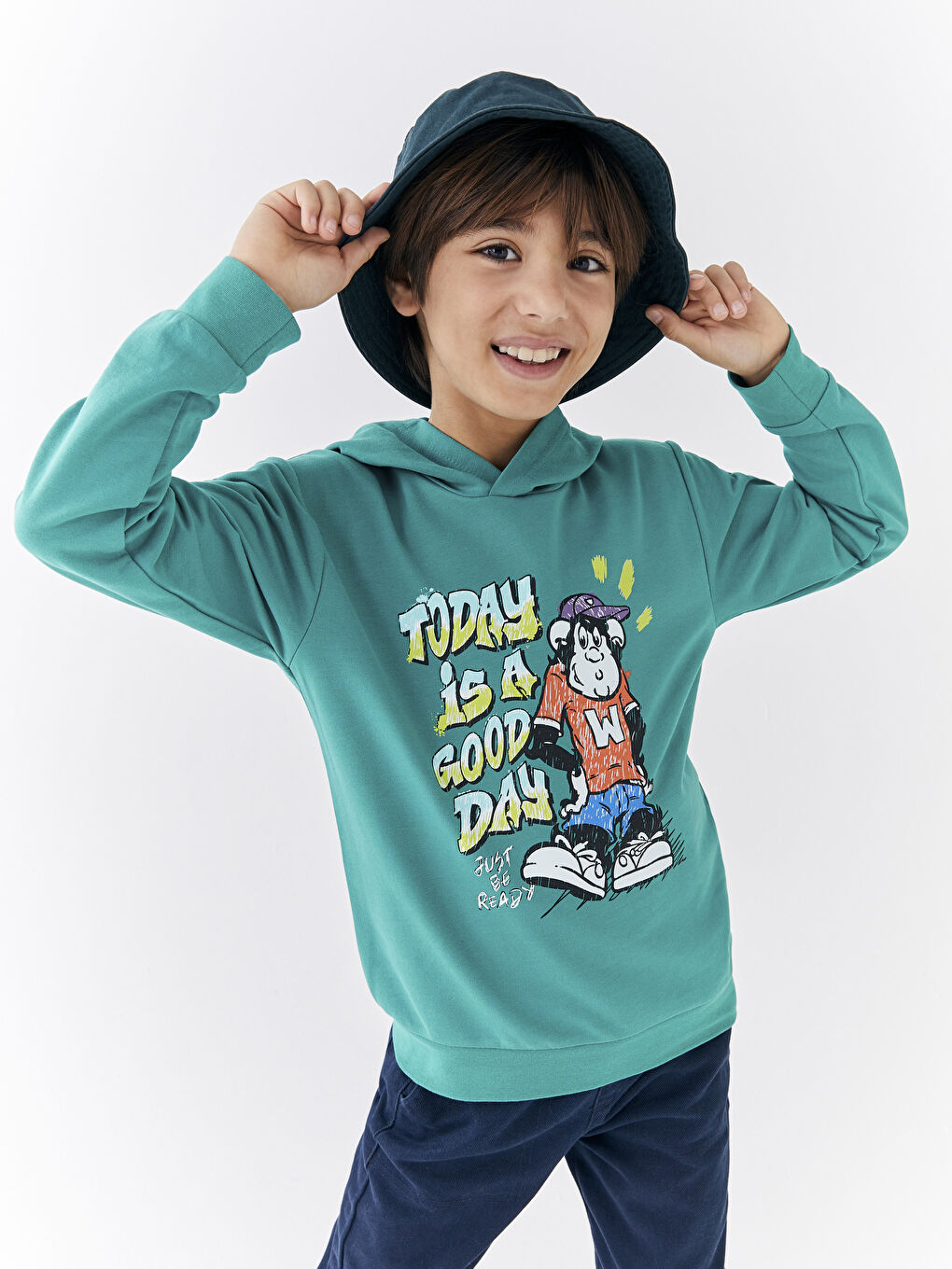 Turkuaz Kapüşonlu Nostaljik Maymun Baskılı Uzun Kollu Erkek Çocuk Sweatshirt