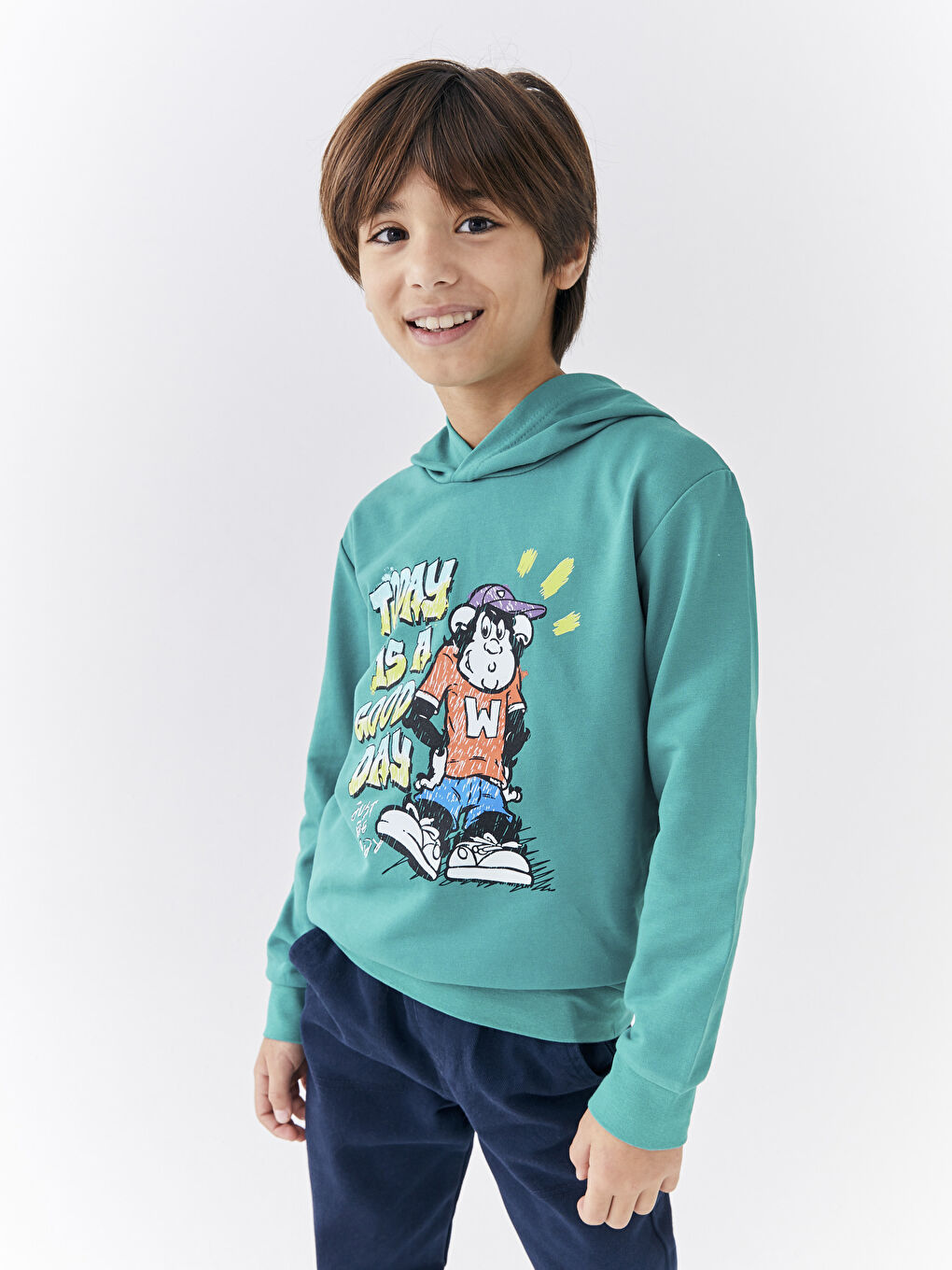 Turkuaz Kapüşonlu Nostaljik Maymun Baskılı Uzun Kollu Erkek Çocuk Sweatshirt-1