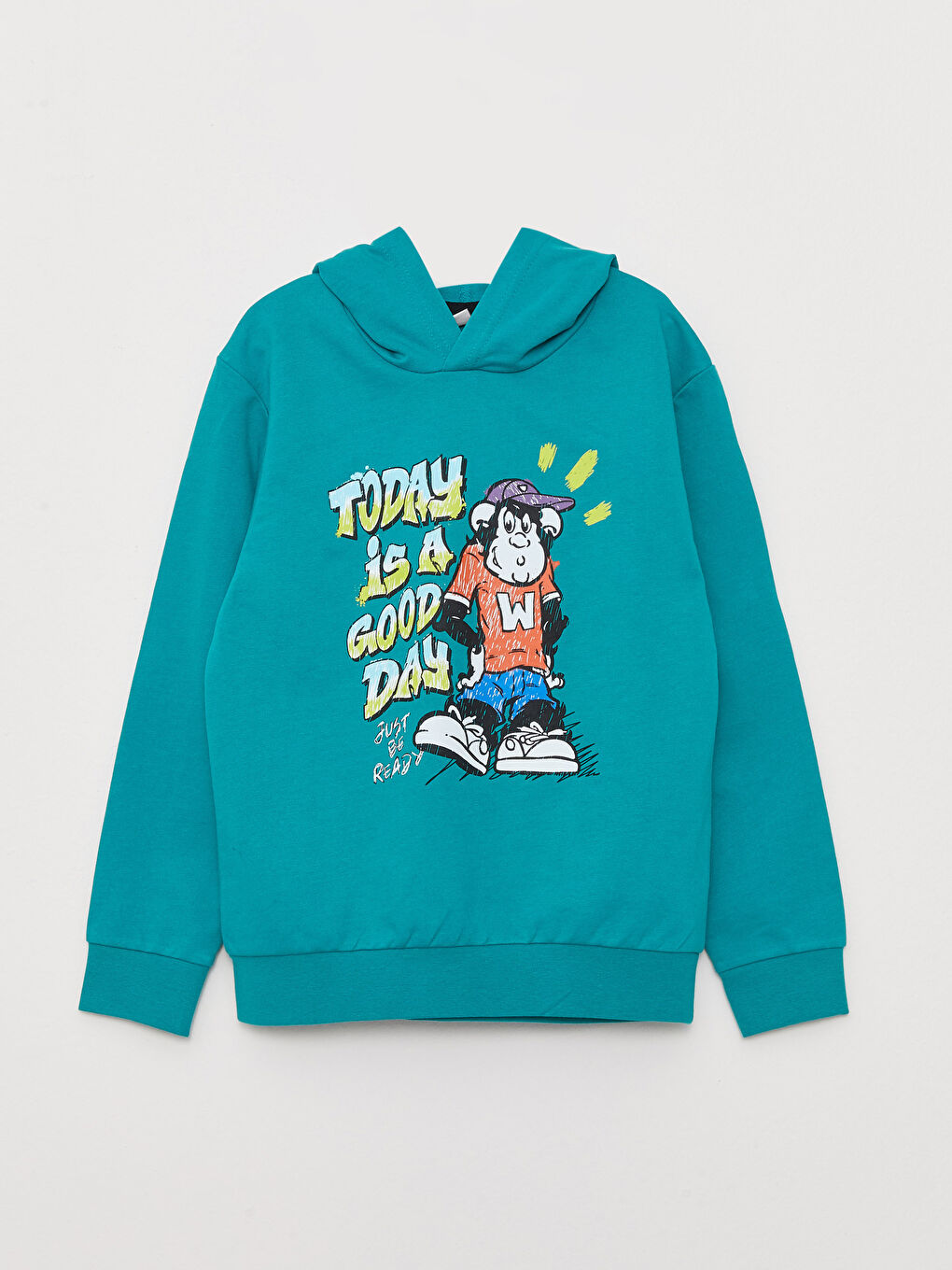Turkuaz Kapüşonlu Nostaljik Maymun Baskılı Uzun Kollu Erkek Çocuk Sweatshirt-3