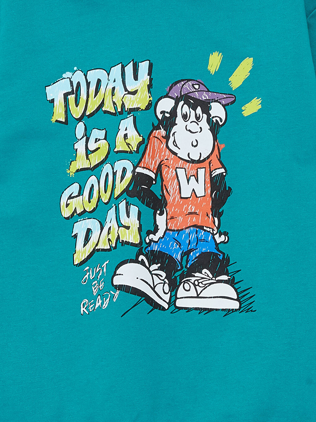 Turkuaz Kapüşonlu Nostaljik Maymun Baskılı Uzun Kollu Erkek Çocuk Sweatshirt-5