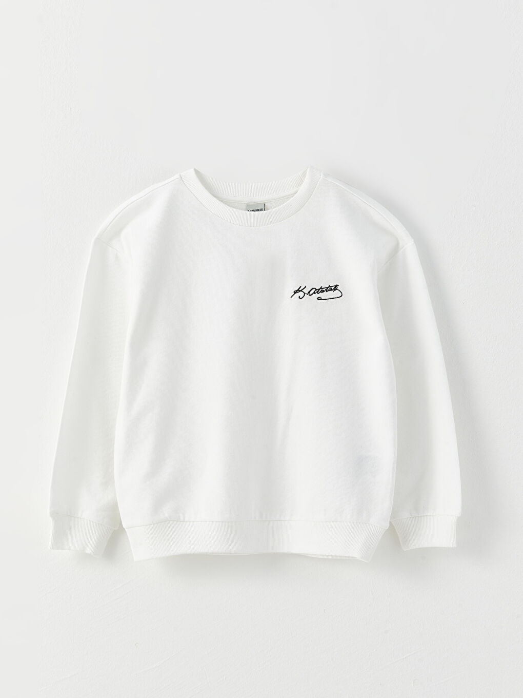 Ekru Bisiklet Yaka Atatürk İmza Baskılı Uzun Kollu Kız Çocuk Sweatshirt