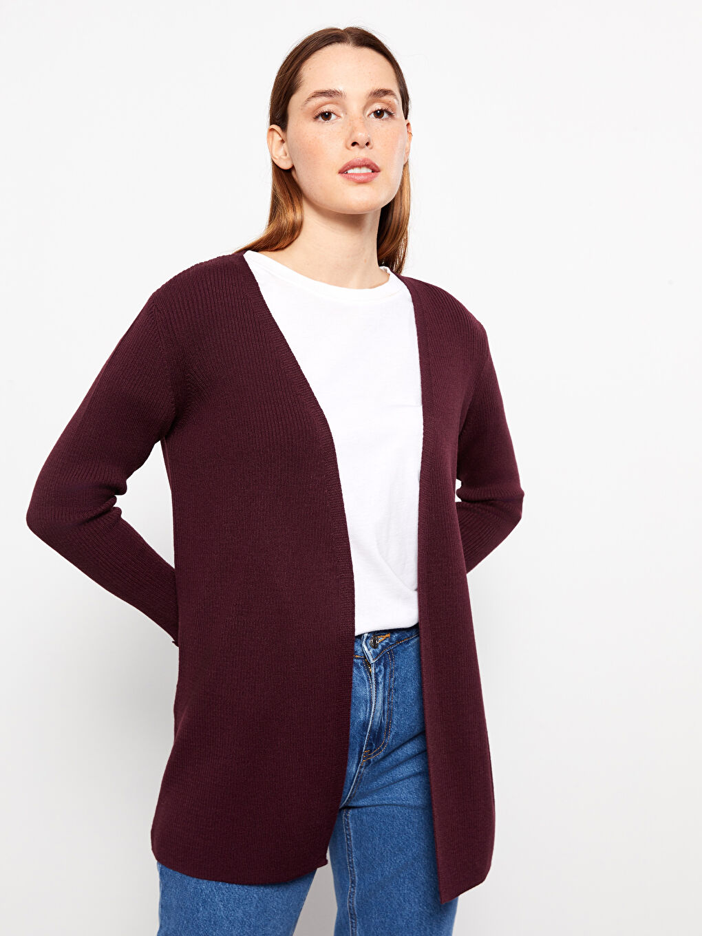 Mor Şal Yaka Düz Uzun Kollu Kadın Triko Hırka