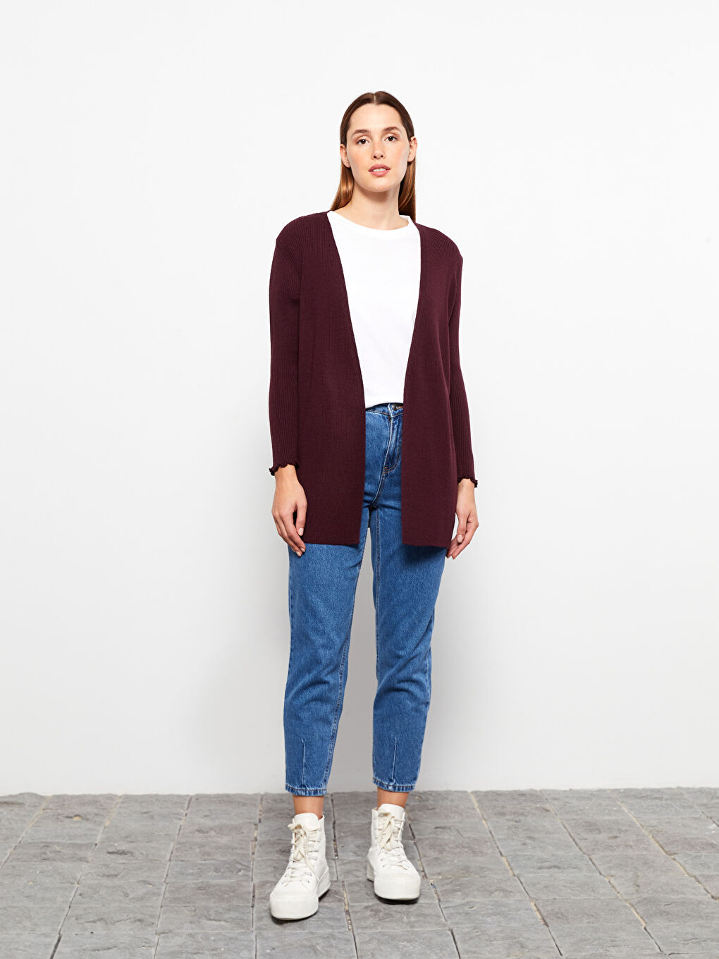 Mor Şal Yaka Düz Uzun Kollu Kadın Triko Hırka-1