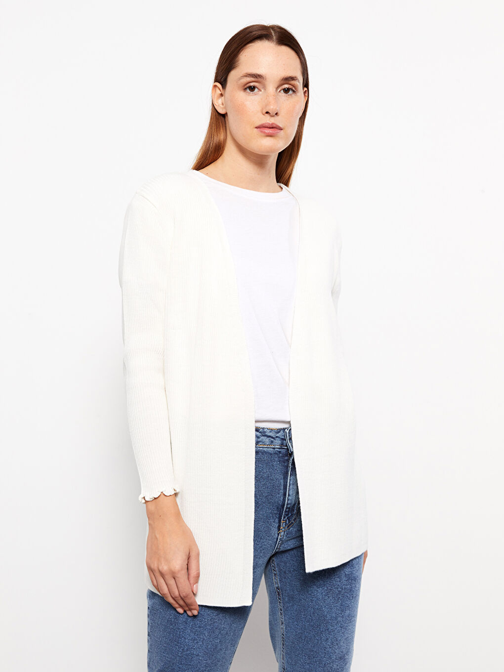 Ekru Şal Yaka Düz Uzun Kollu Kadın Triko Hırka