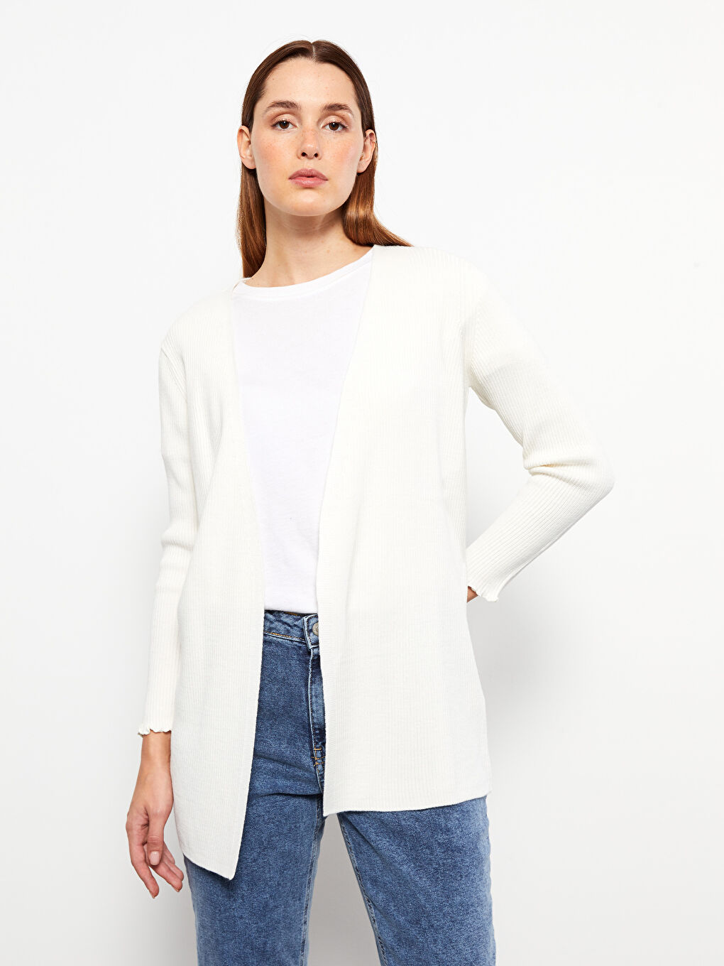 Ekru Şal Yaka Düz Uzun Kollu Kadın Triko Hırka-1