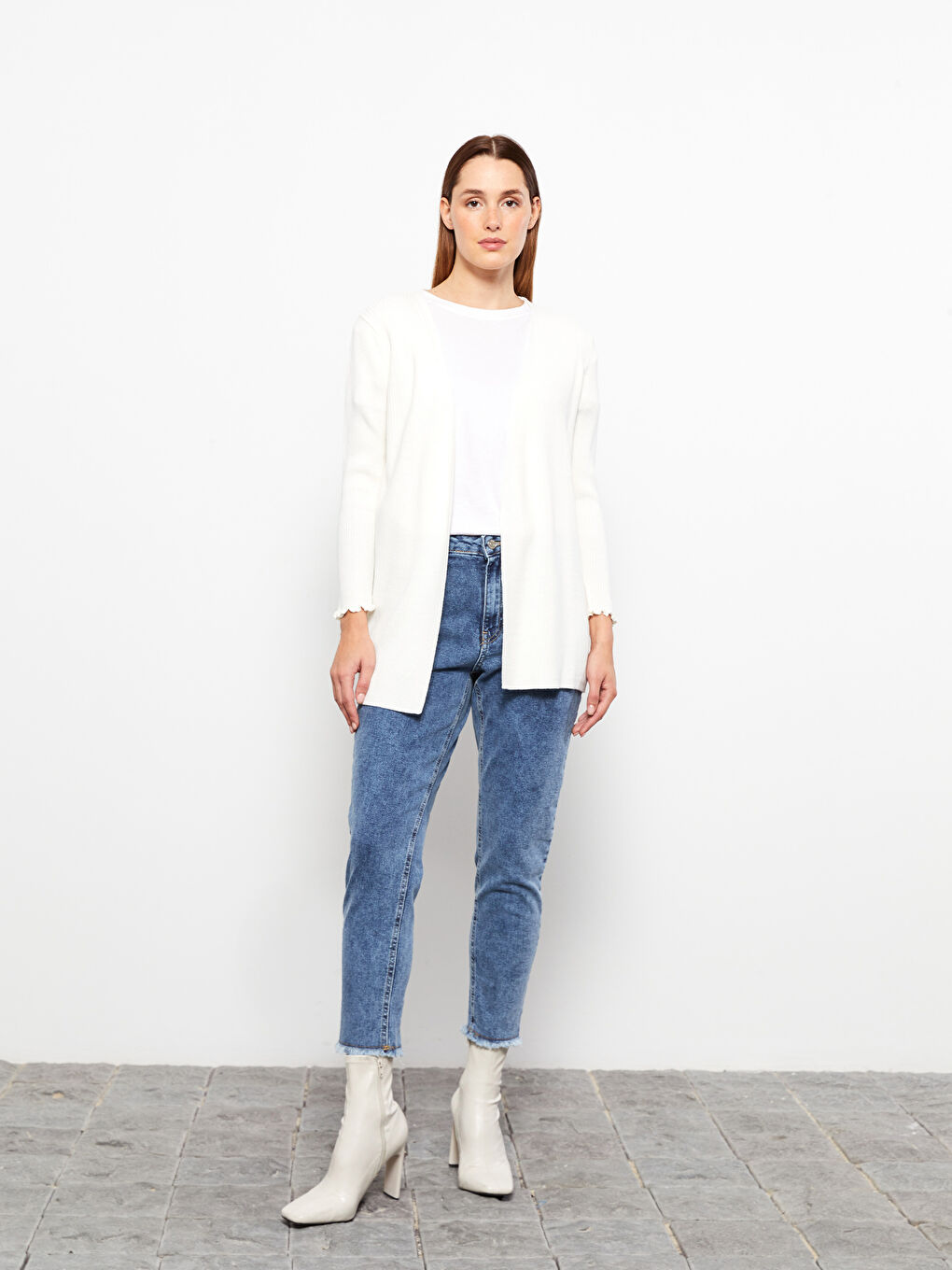 Ekru Şal Yaka Düz Uzun Kollu Kadın Triko Hırka-2