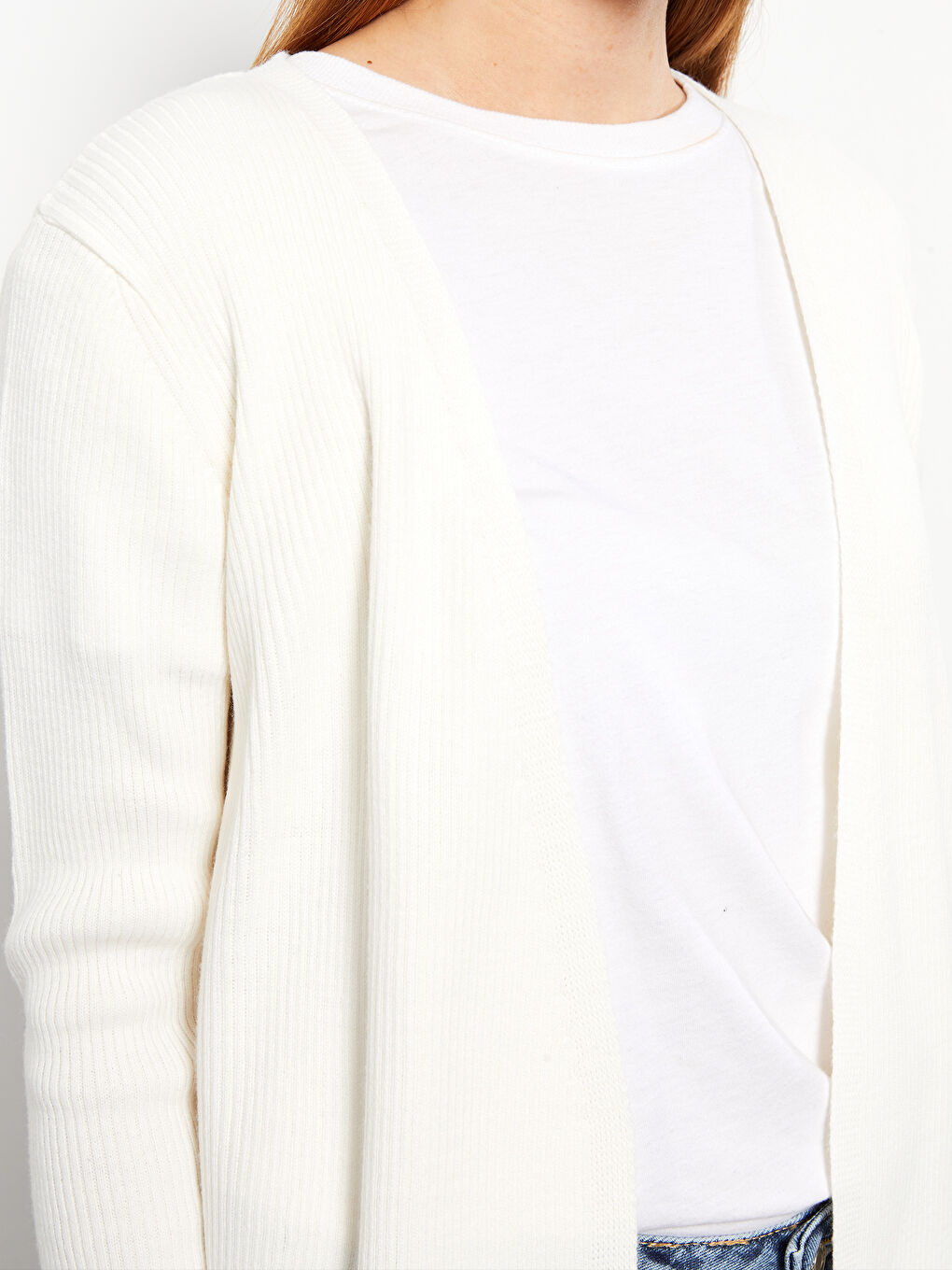 Ekru Şal Yaka Düz Uzun Kollu Kadın Triko Hırka-3