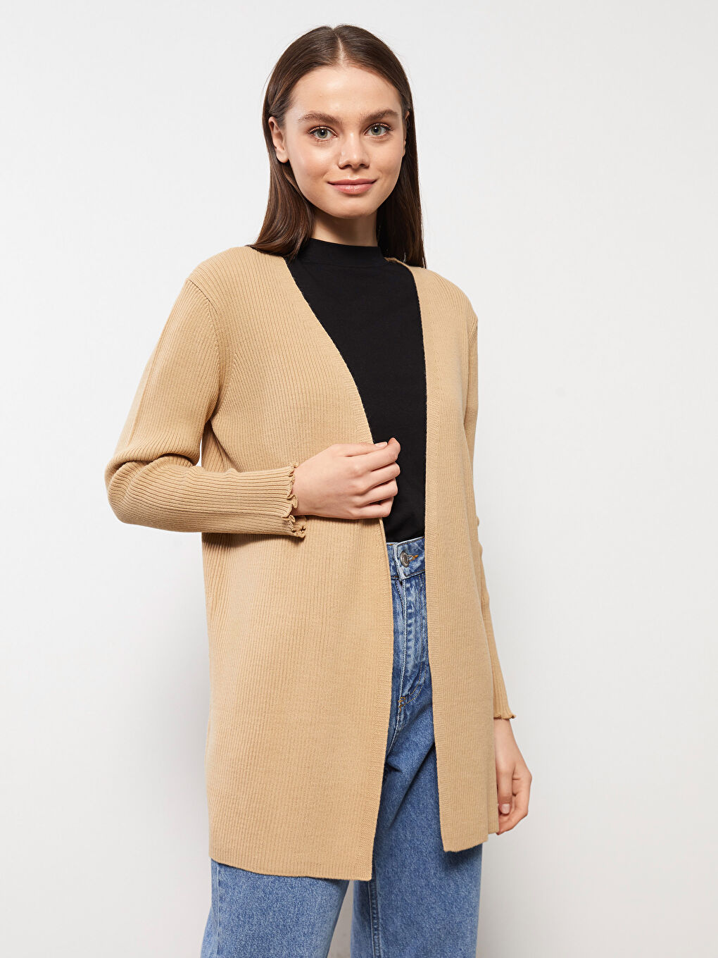 Kahverengi Şal Yaka Düz Uzun Kollu Kadın Triko Hırka