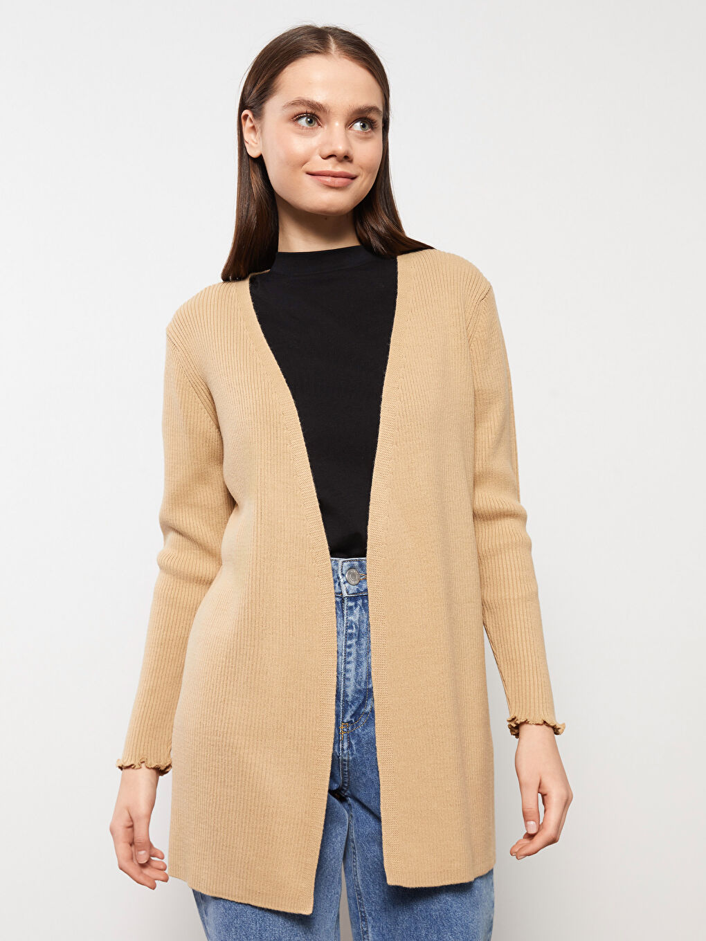 Kahverengi Şal Yaka Düz Uzun Kollu Kadın Triko Hırka-1