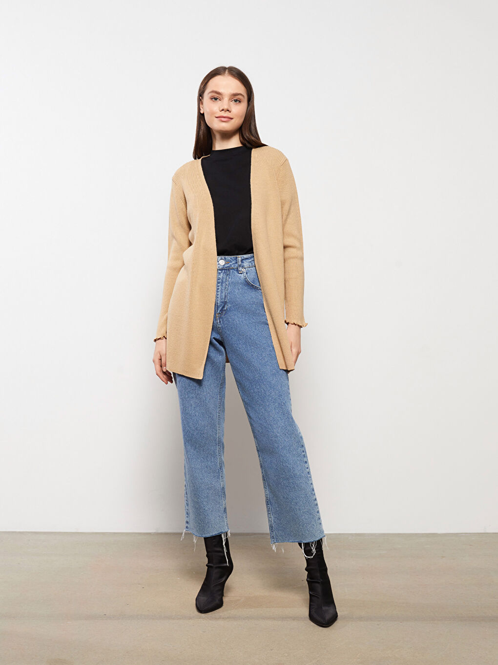 Kahverengi Şal Yaka Düz Uzun Kollu Kadın Triko Hırka-2