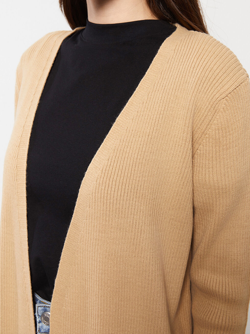 Kahverengi Şal Yaka Düz Uzun Kollu Kadın Triko Hırka-3