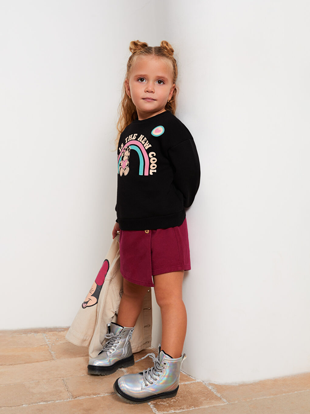 Siyah Bisiklet Yaka Uzun Kollu Nostaljik Maymun Baskılı Kız Bebek Sweatshirt-3