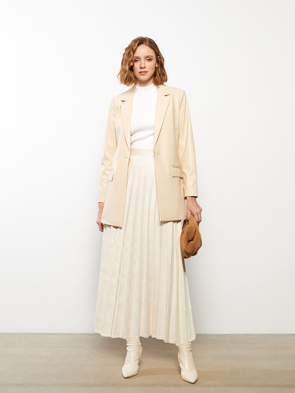 Ekru Beli Fermuarlı Düz A Kesim Kadın Pileli Etek-4