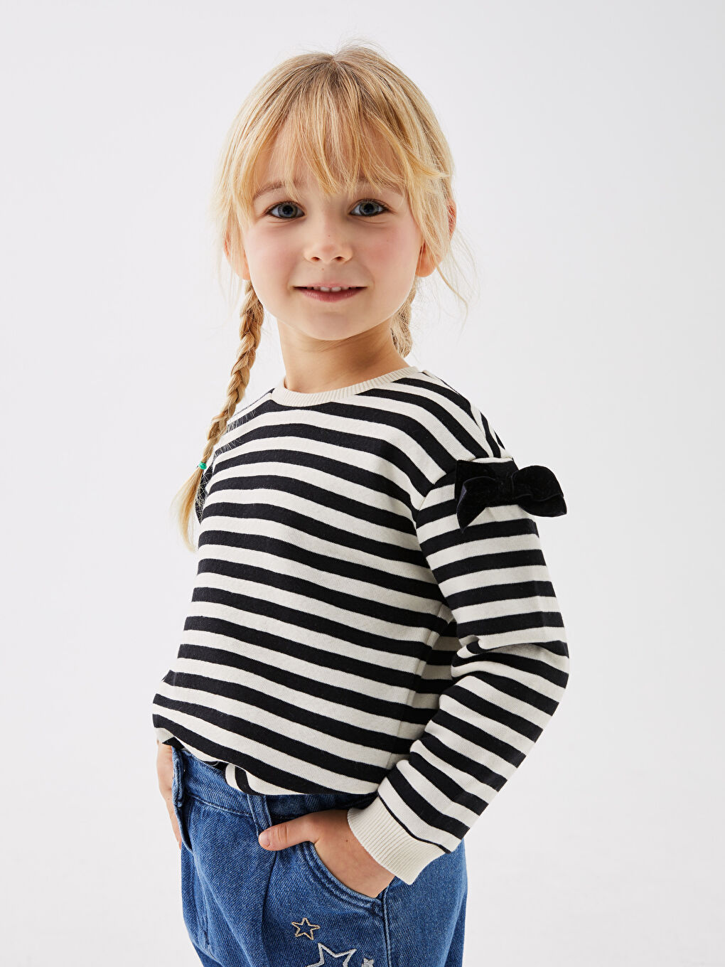 Siyah Bisiklet Yaka Uzun Kollu Çizgili Kız Bebek Sweatshirt-1