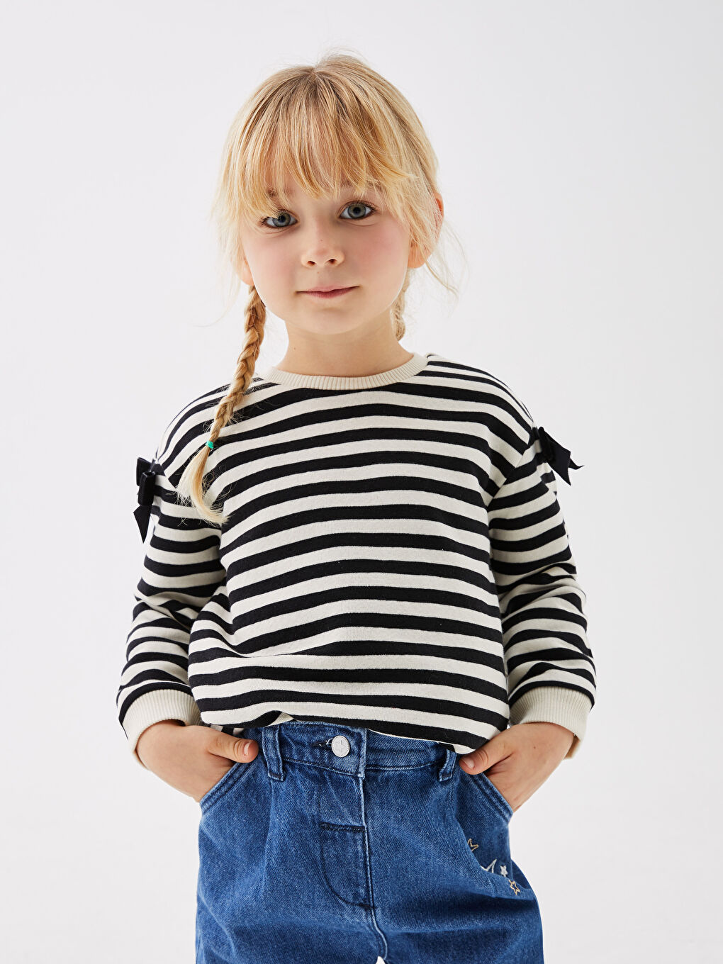 Siyah Bisiklet Yaka Uzun Kollu Çizgili Kız Bebek Sweatshirt