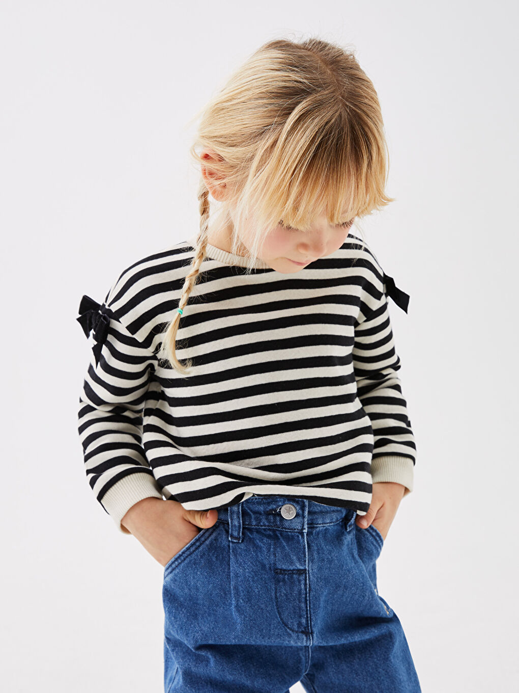 Siyah Bisiklet Yaka Uzun Kollu Çizgili Kız Bebek Sweatshirt-2