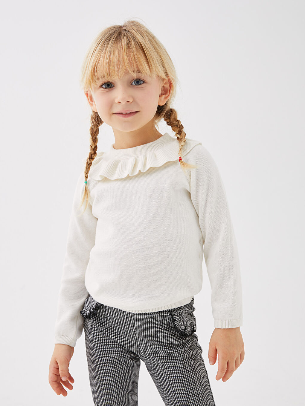 Ekru Bisiklet Yaka Uzun Kollu Kız Bebek Triko Kazak-1