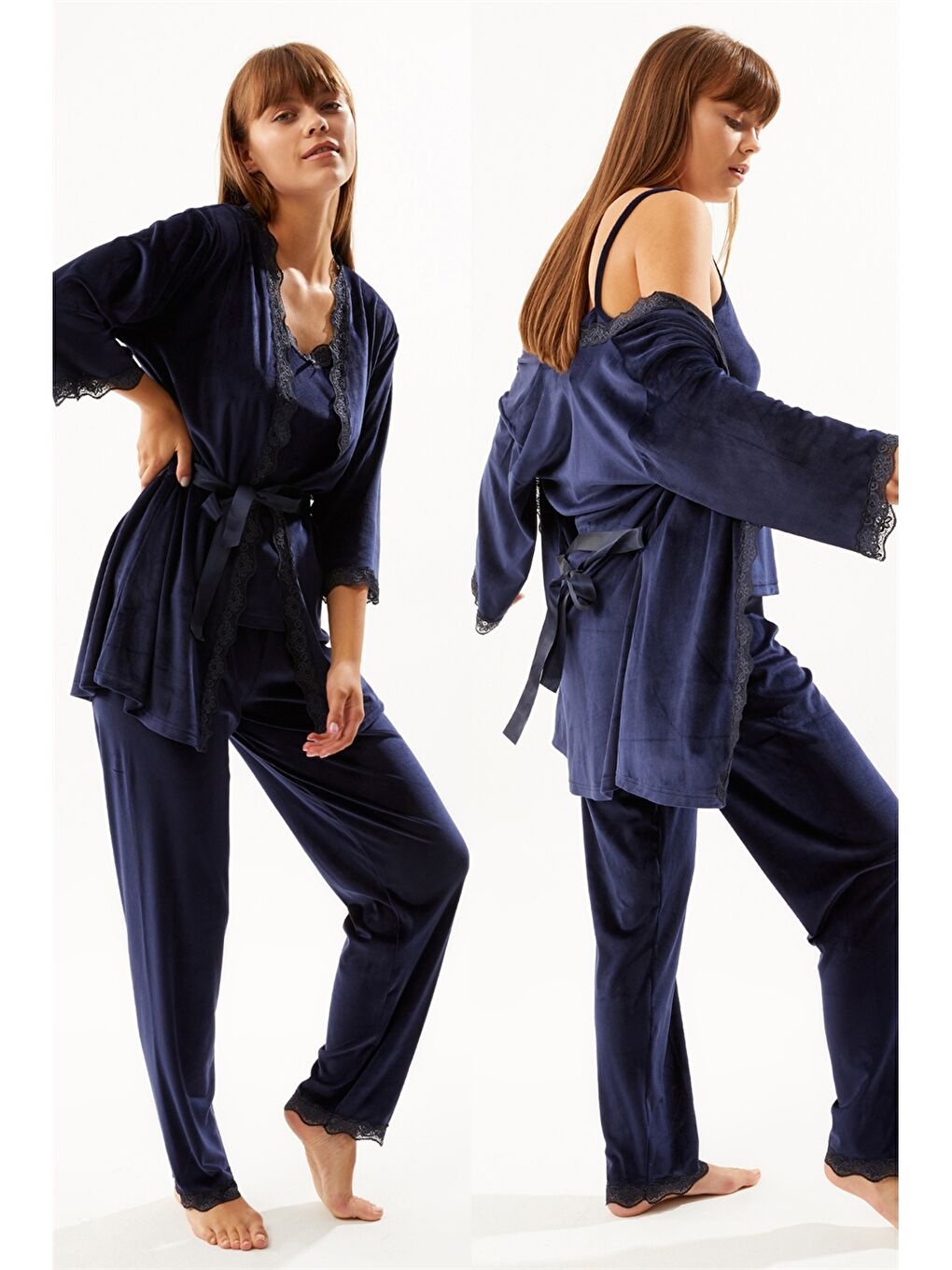 Lacivert V Yaka Nakışlı Askılı Kadife Kadın Pijama Takımı ve Sabahlık-2