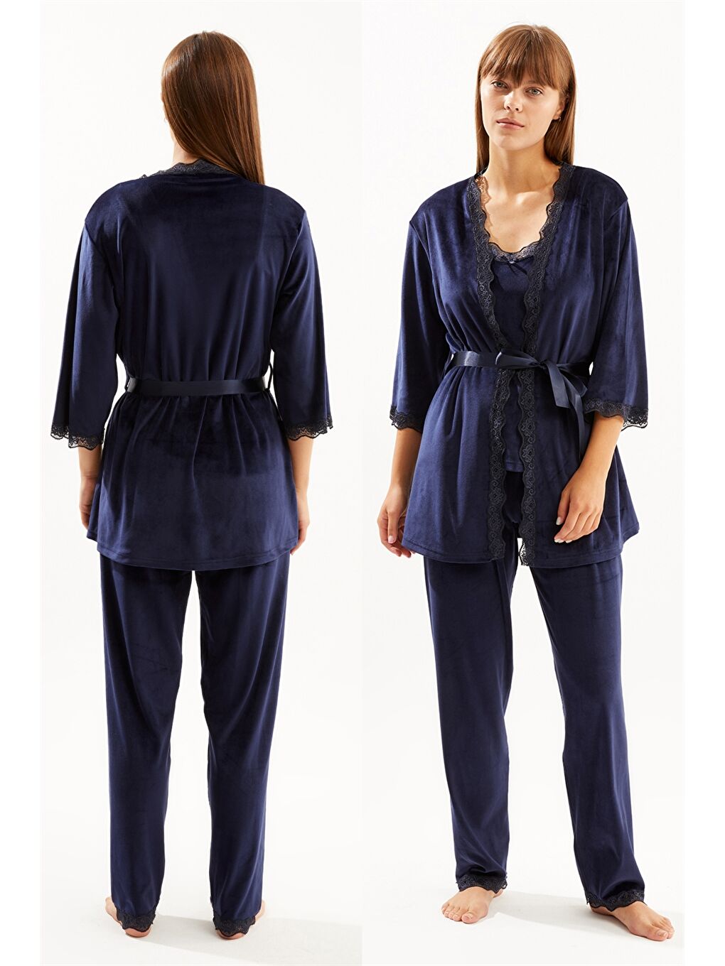 Lacivert V Yaka Nakışlı Askılı Kadife Kadın Pijama Takımı ve Sabahlık-3