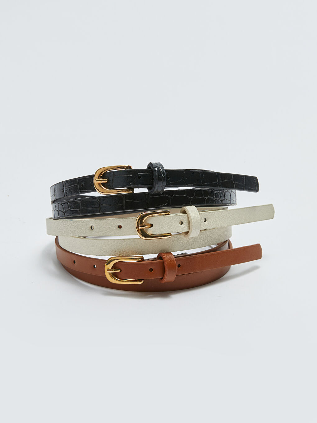 Kahverengi Deri Görünümlü Kadın İnce Kemer 3'lü